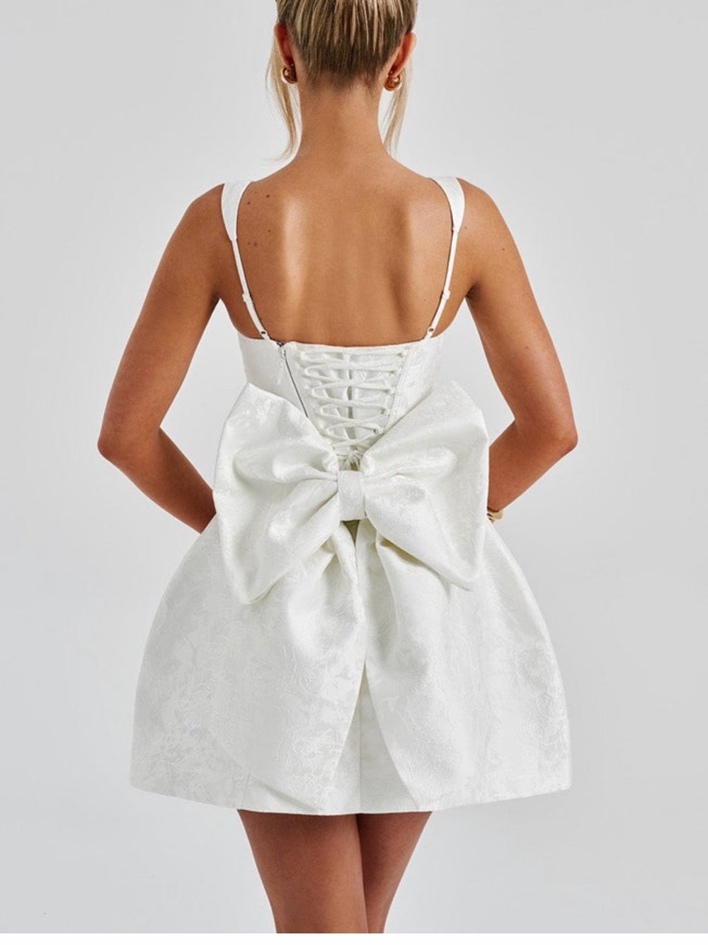 Square-Neck White Jacquard Mini Dress - Picture 2 of 4